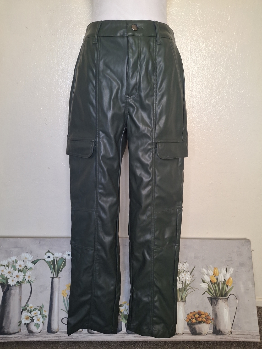 Bar III Green Faux Leather Cargo Pants
